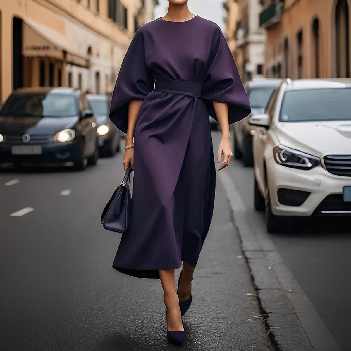 Élise - Elegantes Damenkleid mit Laternenärmeln und Gürtel