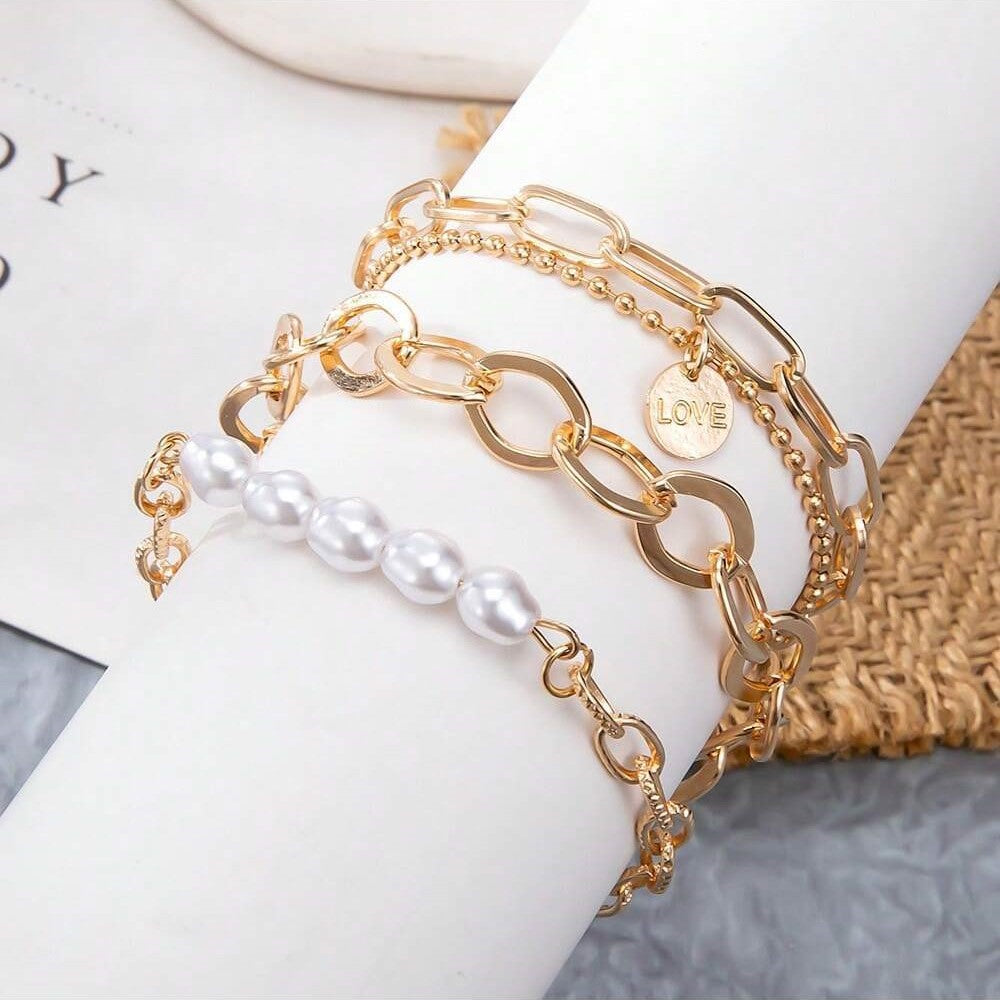 3-teiliges Set mit goldenen Perlenarmbändern - großes Kettenset