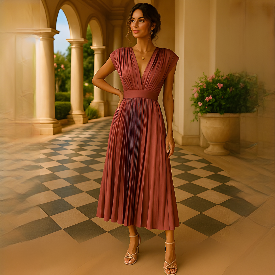 Elvira - Stilvolles Midi-Kleid mit V-Ausschnitt und Falten