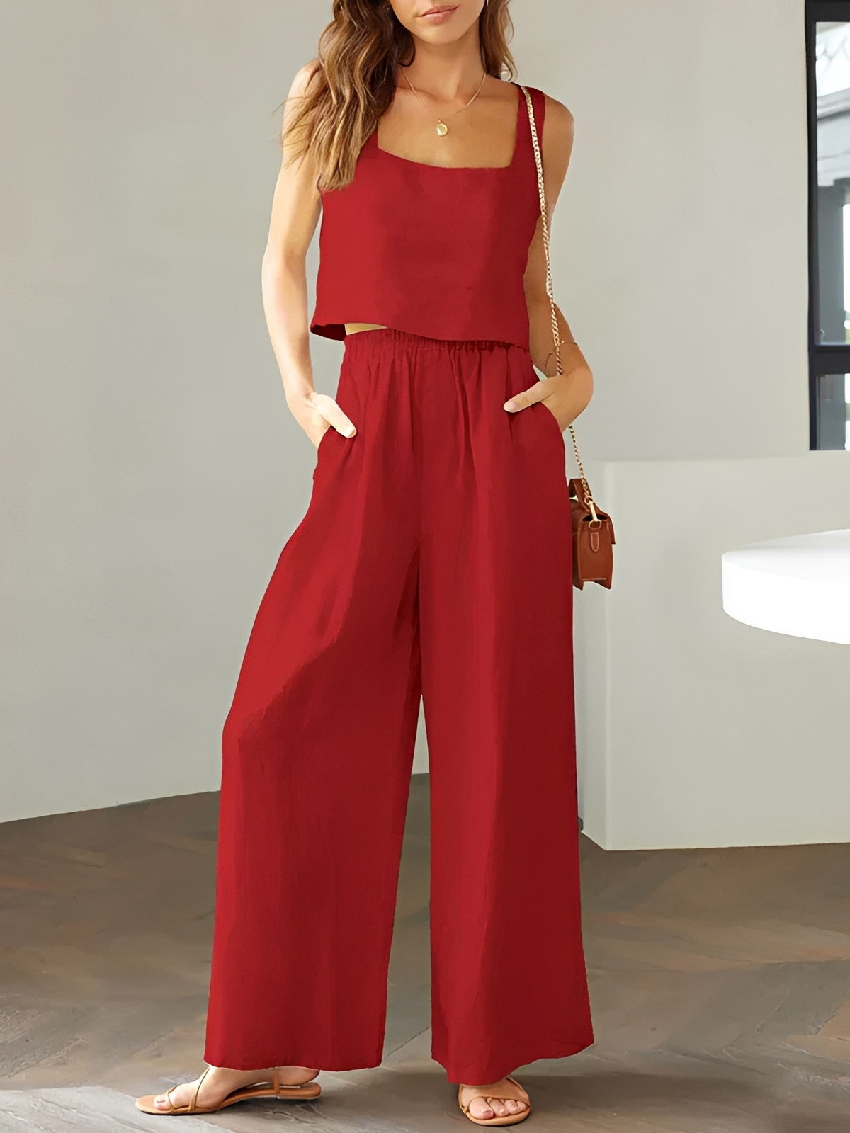Pia - Legeres Set mit Eck-Ausschnitt Tops und Hosen