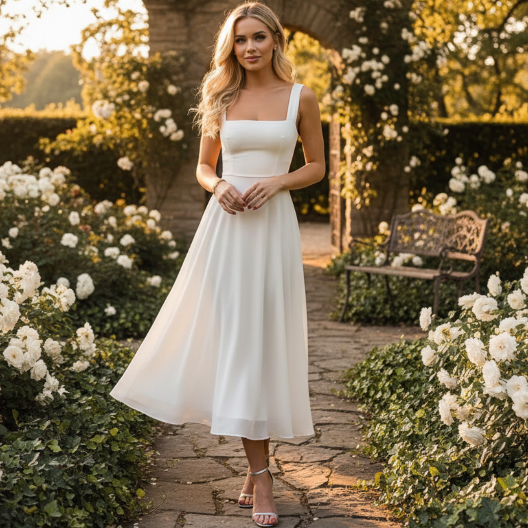 Daniela - Schickes Kleid mit quadratischem Ausschnitt in Midi-Länge