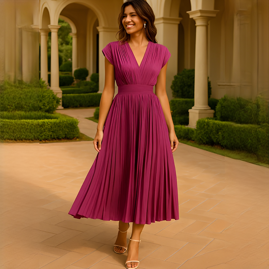 Elvira - Stilvolles Midi-Kleid mit V-Ausschnitt und Falten