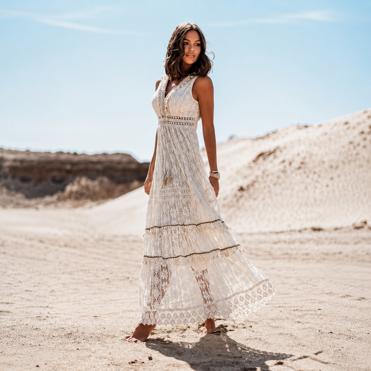 Flossie - Stilvolles Maxikleid mit V-Ausschnitt und hoher Taille