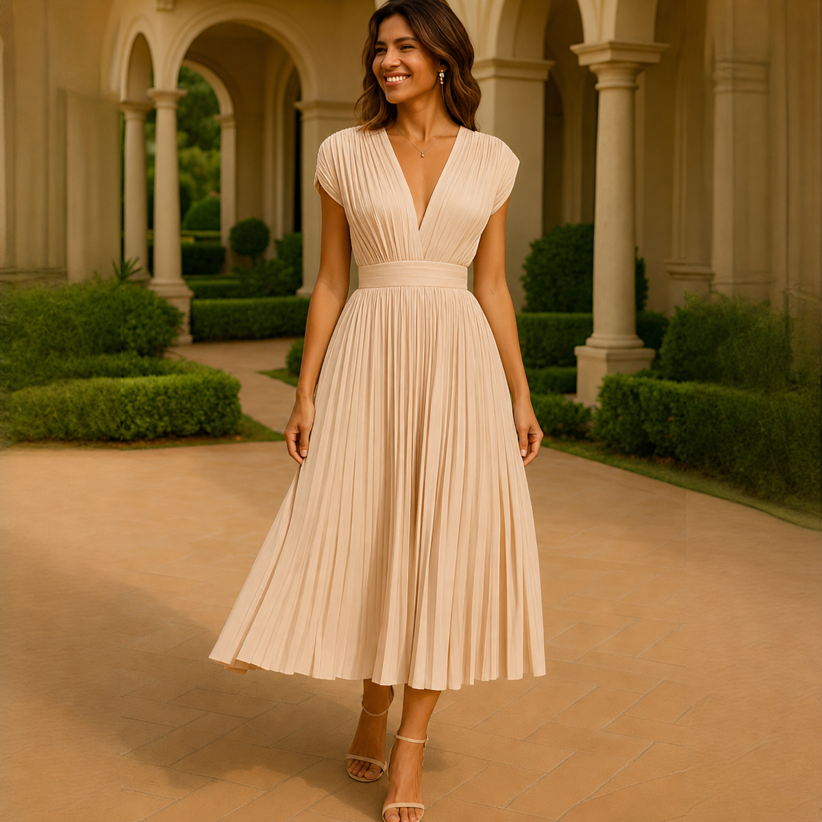 Elvira - Stilvolles Midi-Kleid mit V-Ausschnitt und Falten