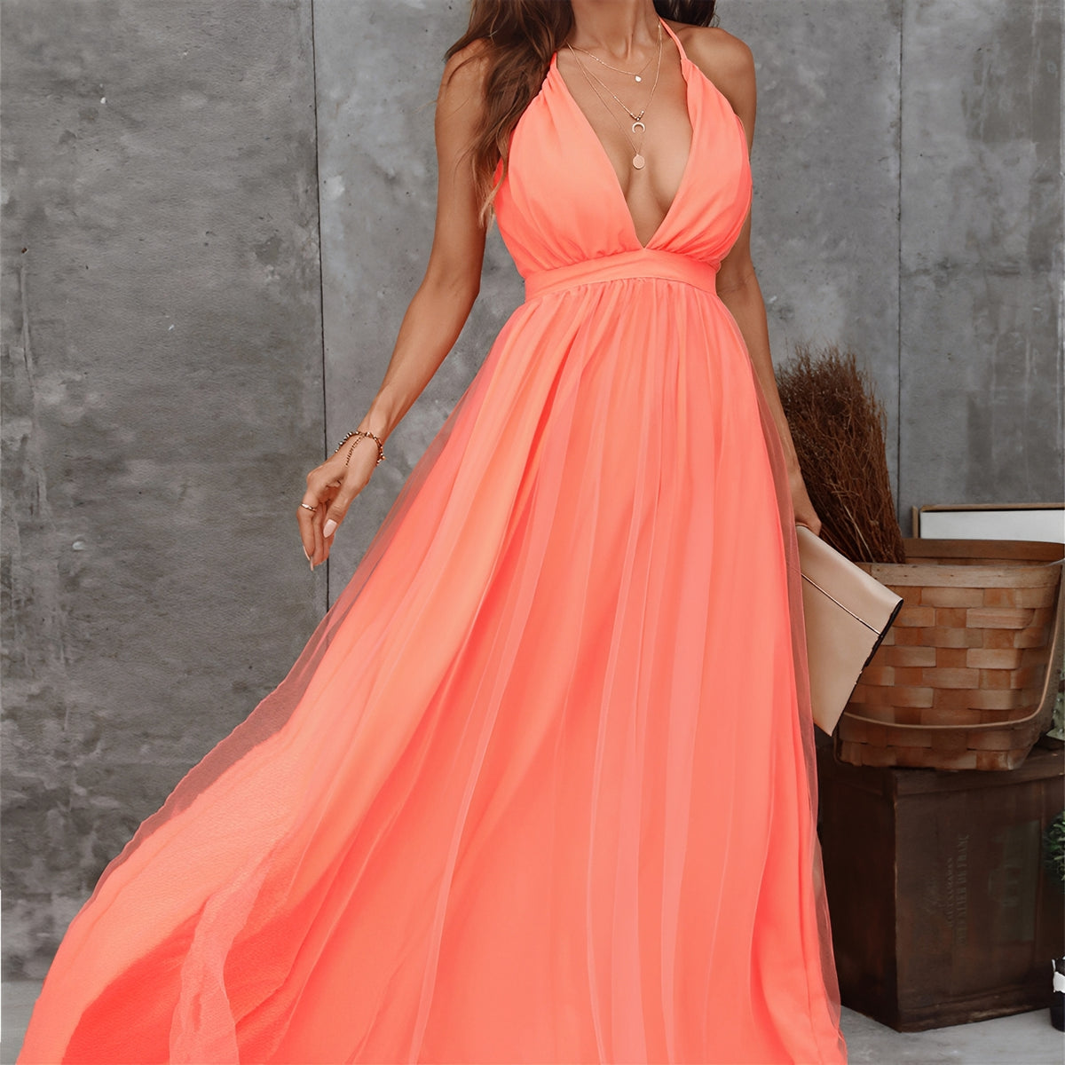 Samantha - Elegantes langes Kleid mit V-Ausschnitt für Damen