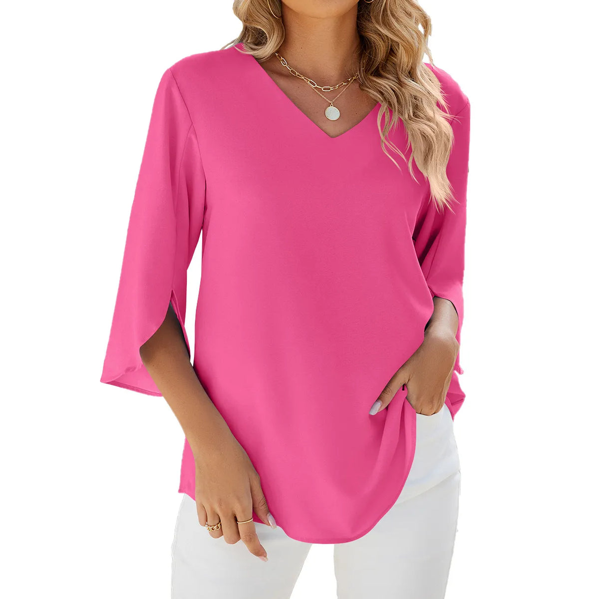 Caetana – Bluse aus Chiffon mit kurzen Ärmeln und V-Ausschnitt