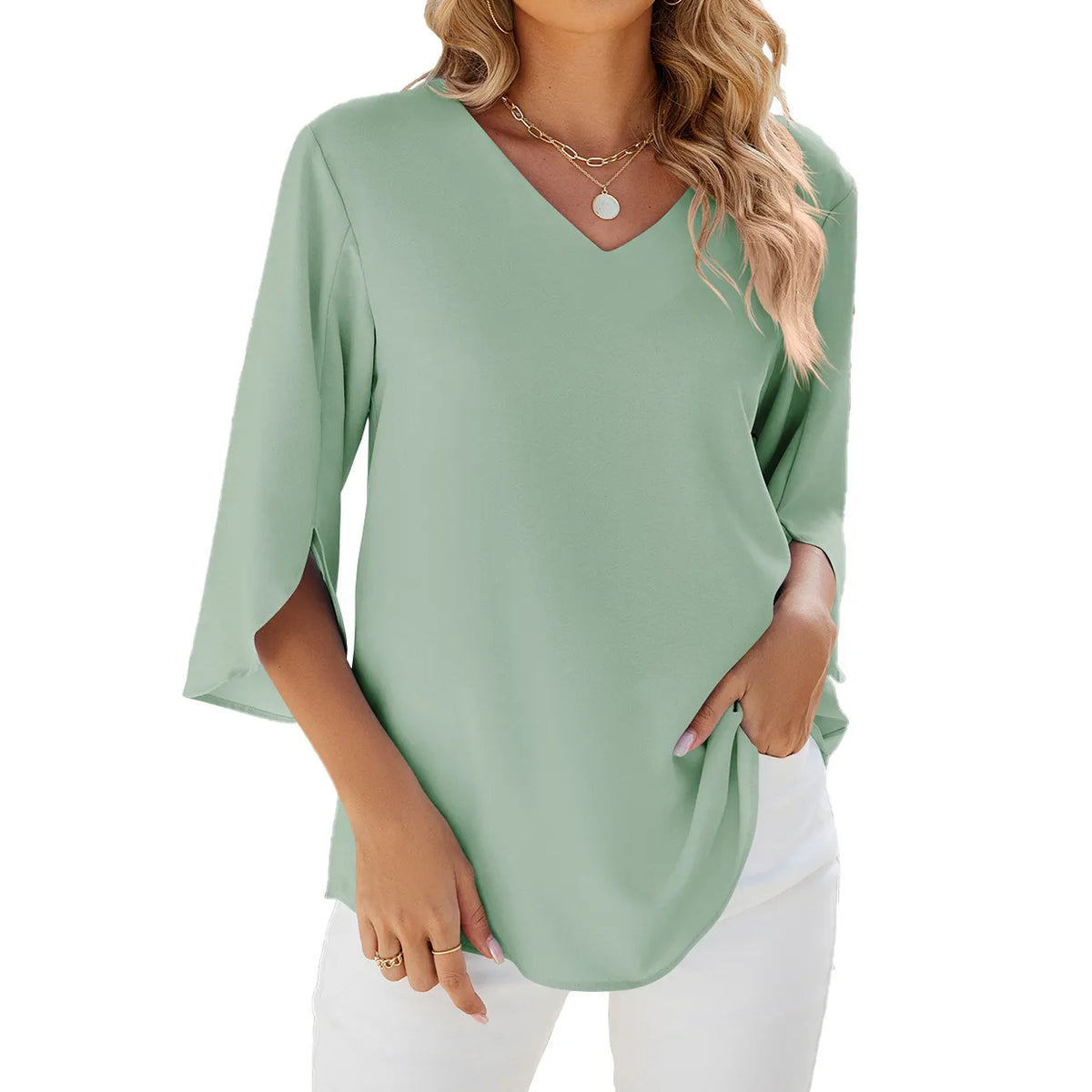Caetana – Bluse aus Chiffon mit kurzen Ärmeln und V-Ausschnitt