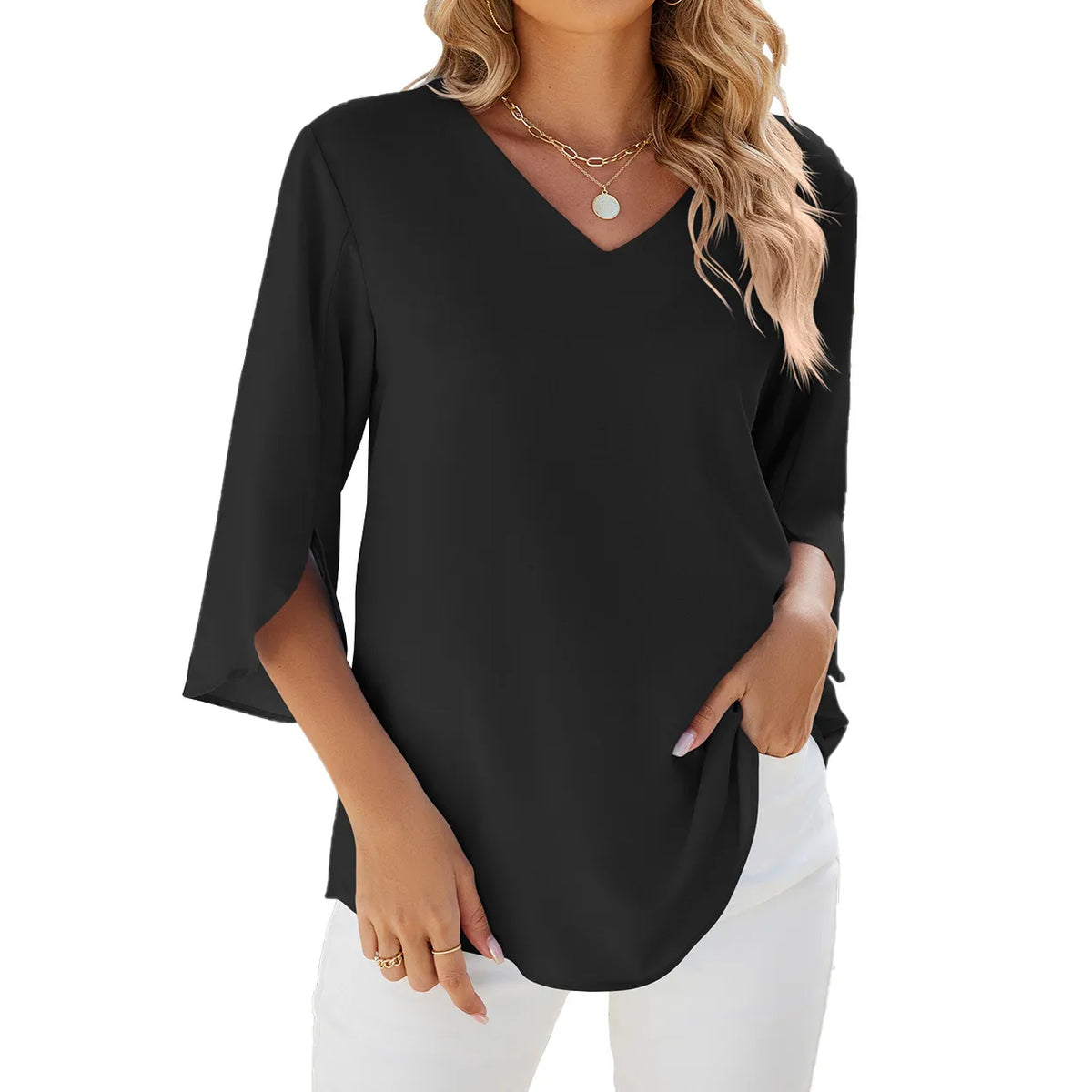 Caetana – Bluse aus Chiffon mit kurzen Ärmeln und V-Ausschnitt