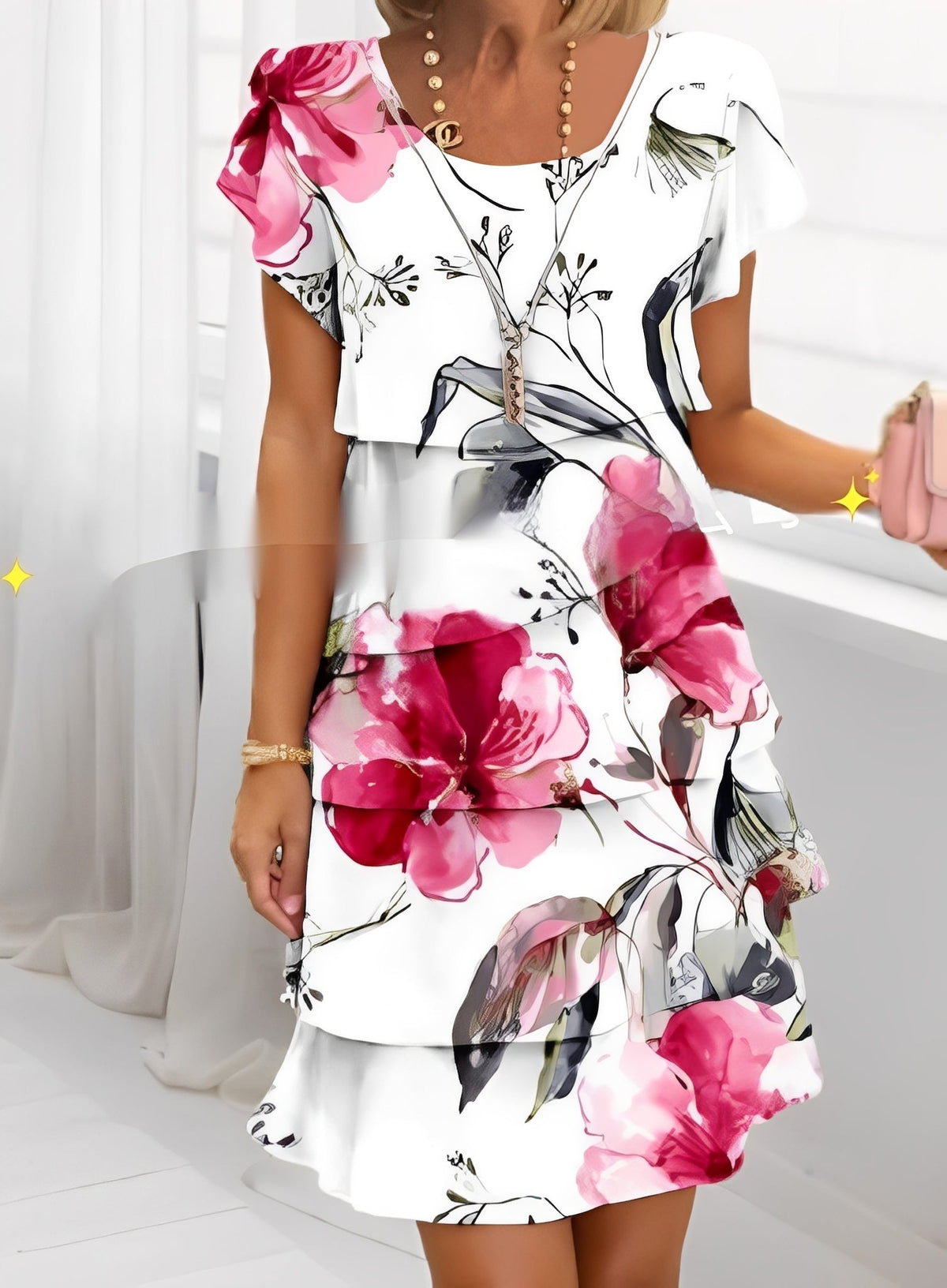 Caroline - Elegantes Damen-Rüschenkleid mit kurzen Ärmeln