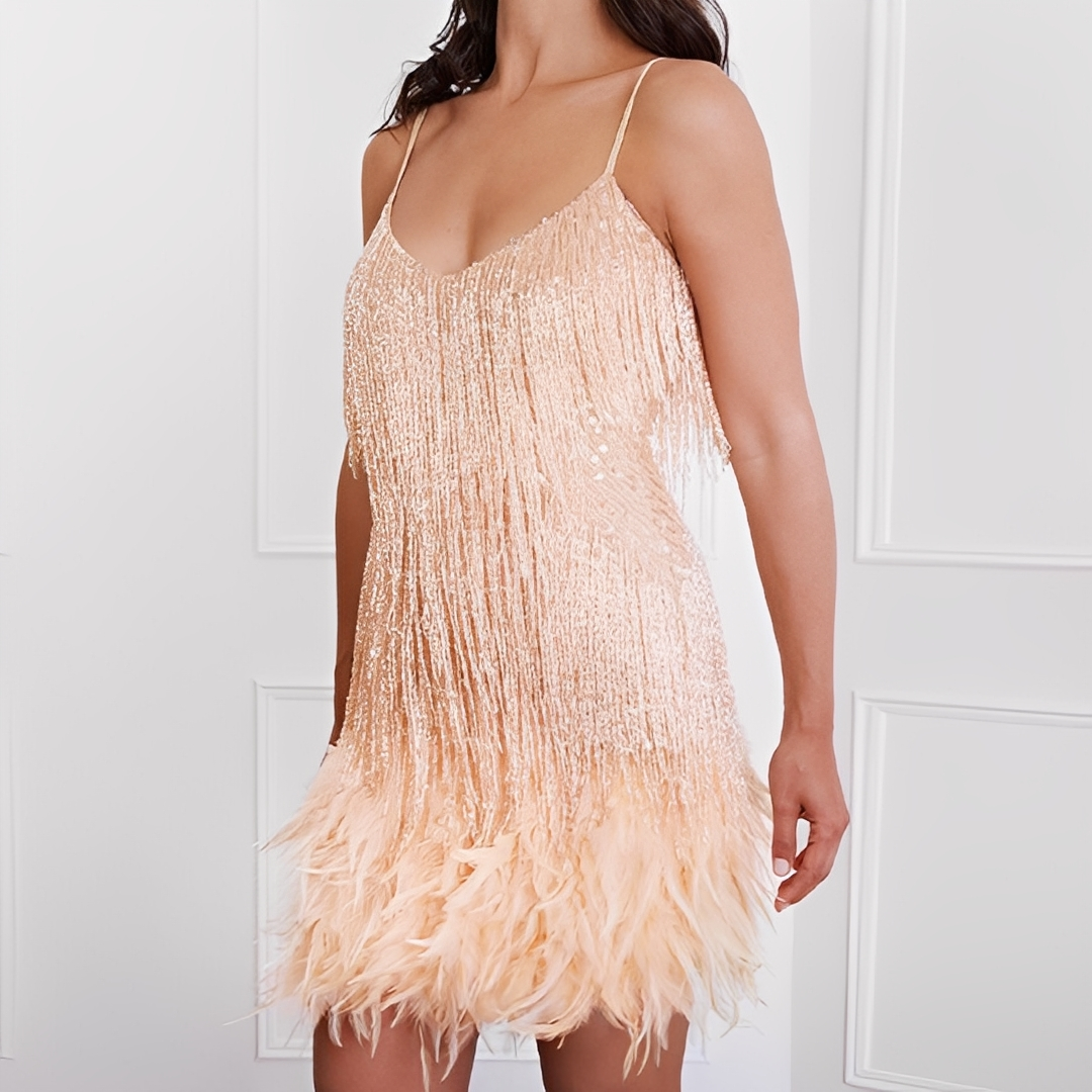 Monique - Schickes Damenkleid mit Fransen und Federn