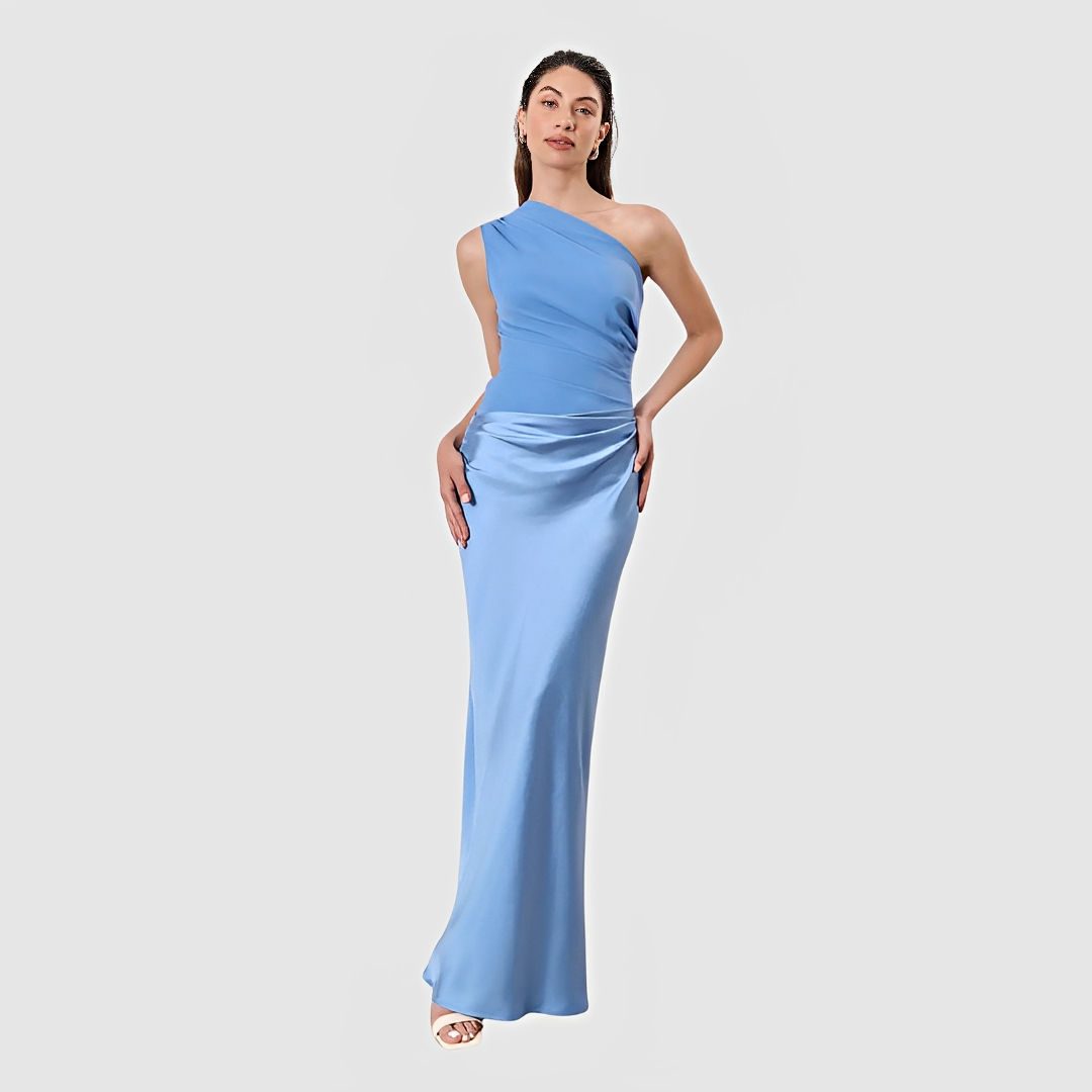 Tara – Schickes Kleid mit asymmetrischem Kragen und gerader Rock