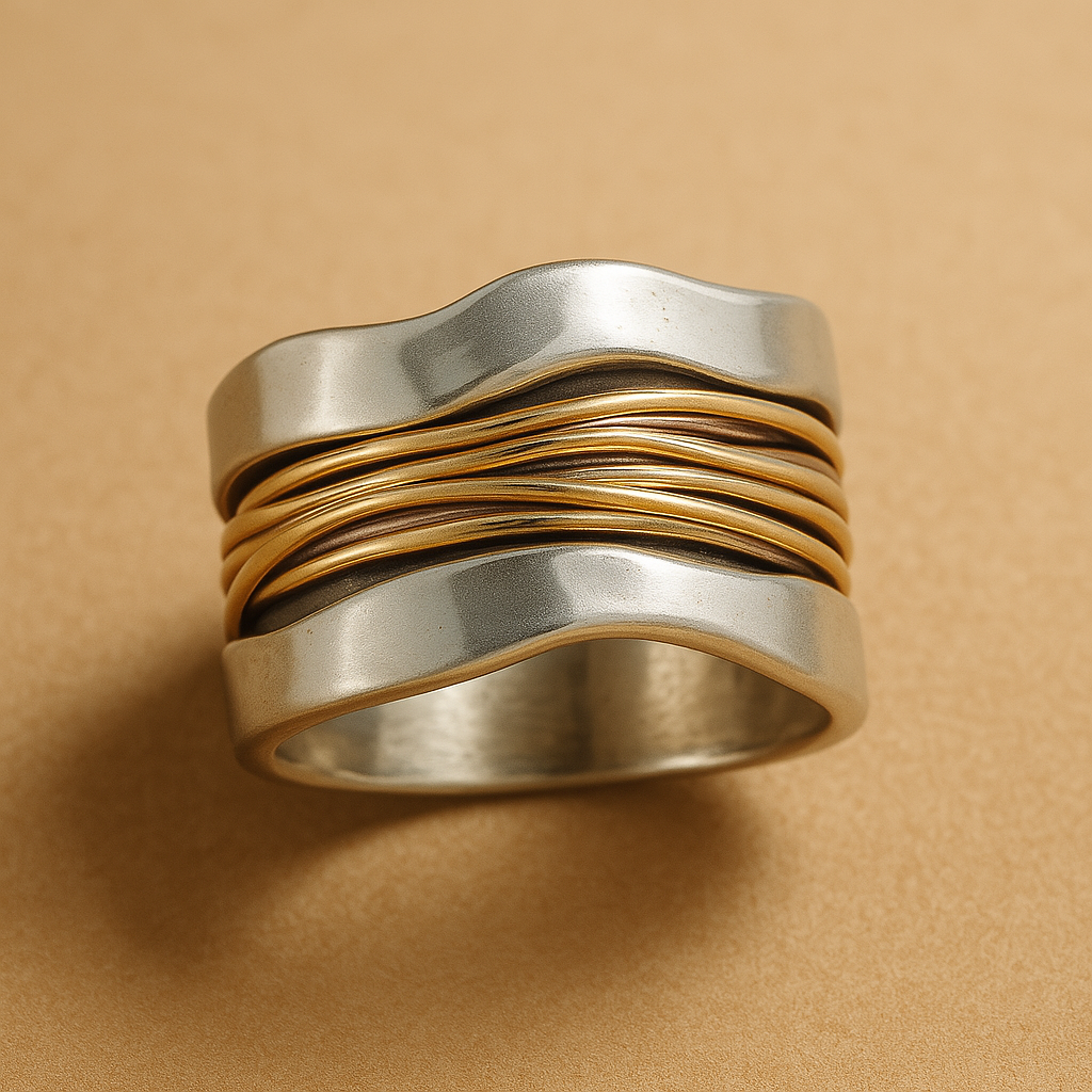 Thalia – Silberring mit ineinander verwobenen Goldfäden