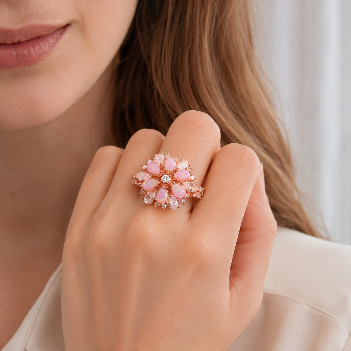 Rian – Eleganter Ring mit Feueropal-Blume