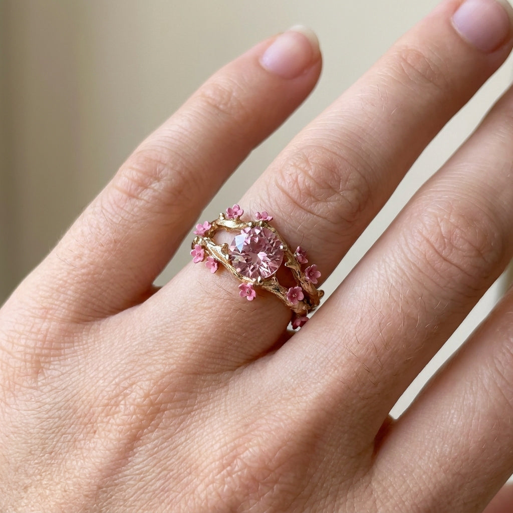 Elina – Verzauberter Ring mit rosa Akzent und Blumen