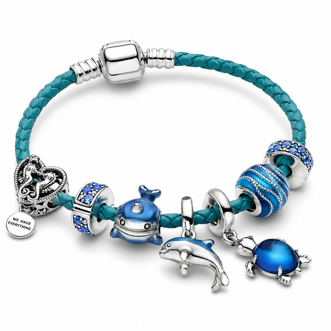 Ozean – Armband aus Leder und Silber mit maritimen Charms
