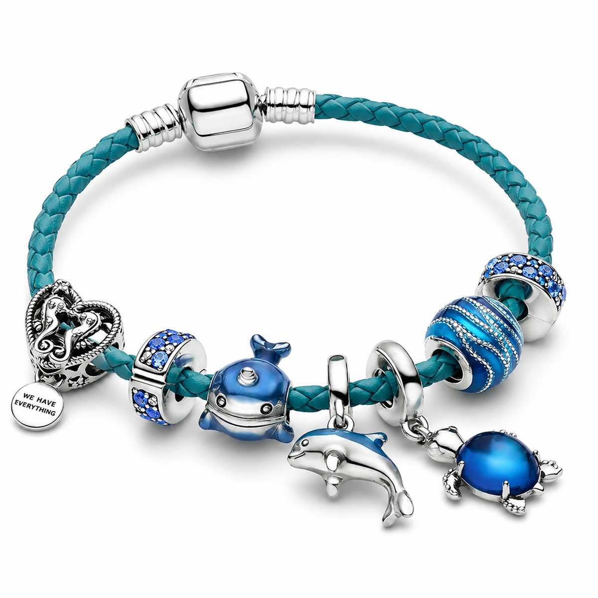 Ozean – Armband aus Leder und Silber mit maritimen Charms