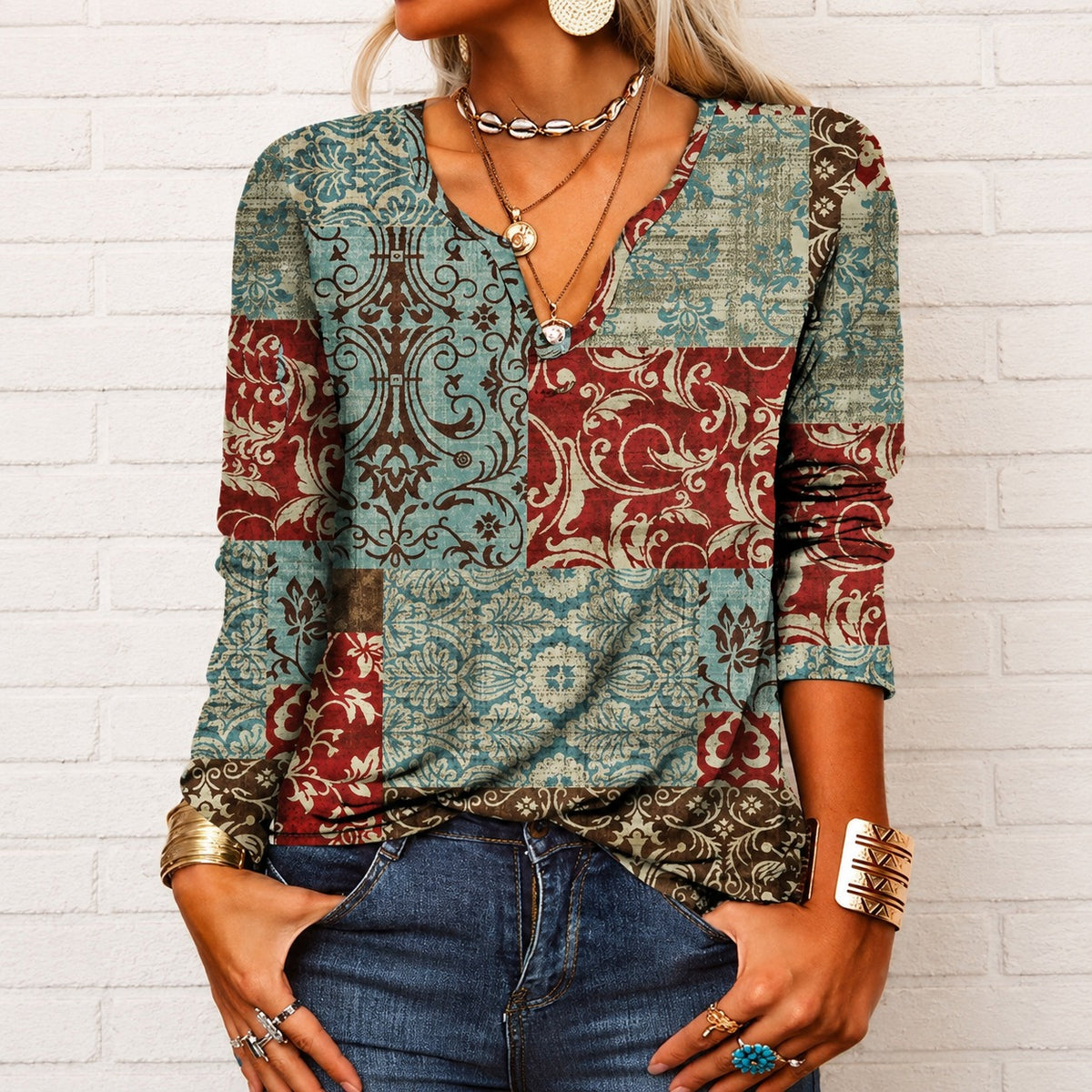 Katharina - Bluse im Boho-Stil mit langen Ärmeln und V-Ausschnitt