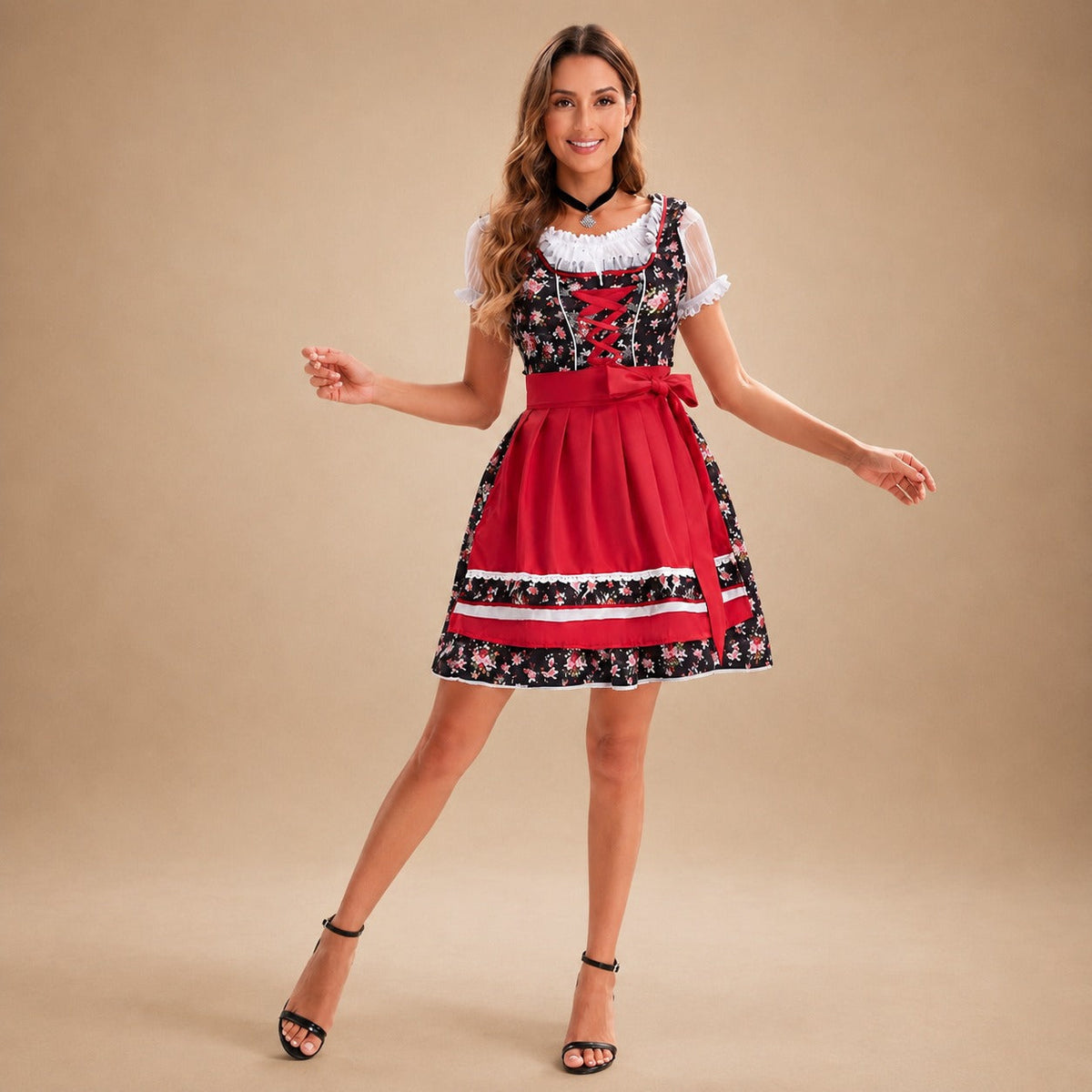 Angela - Schickes Oktoberfestkleid mit Blumendekor (Futter nicht enthalten)