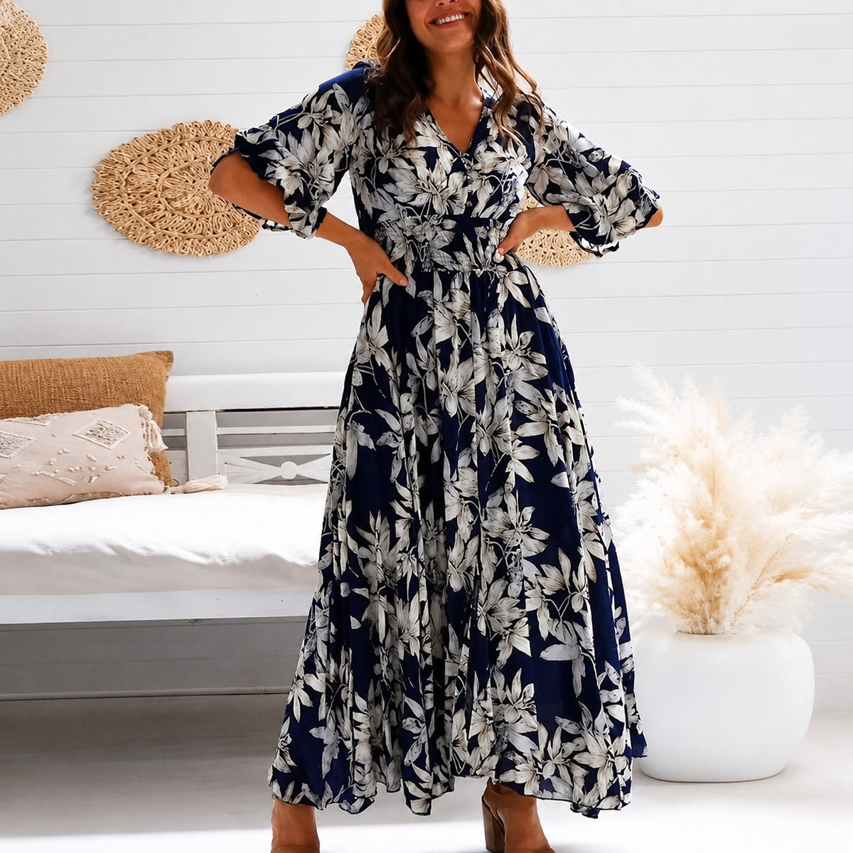 Michaela - Stilvolles, Lässiges Blumenkleid in Midilänge