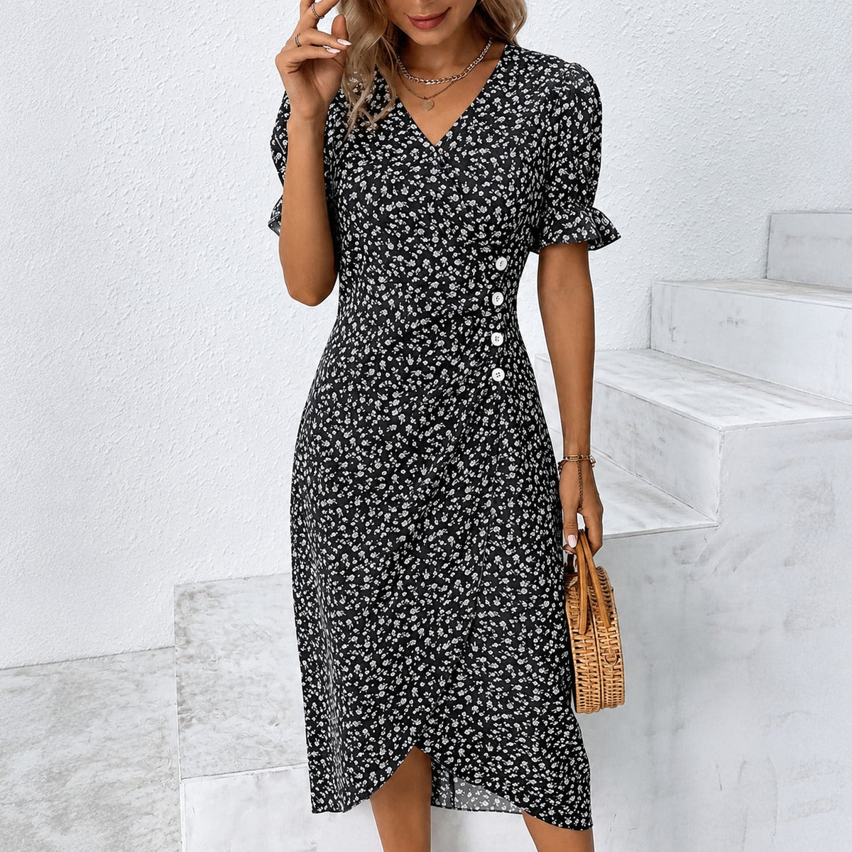 Gabriella - Elegantes Kleid mit Blumendesign und asymmetrischem Schnitt