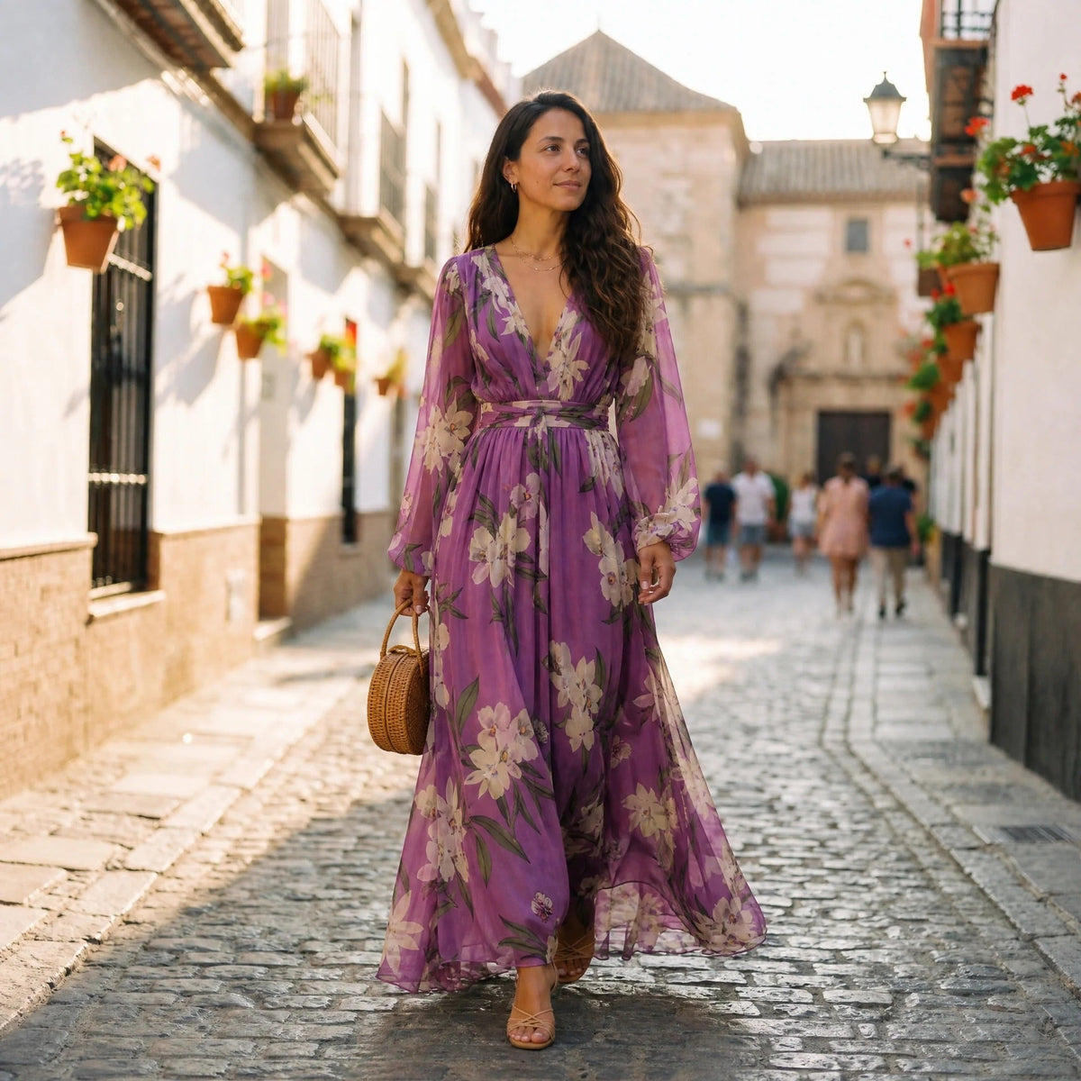 Leanne - Lang geschnittenes Kleid mit Blumenmuster und leichtem Fluss