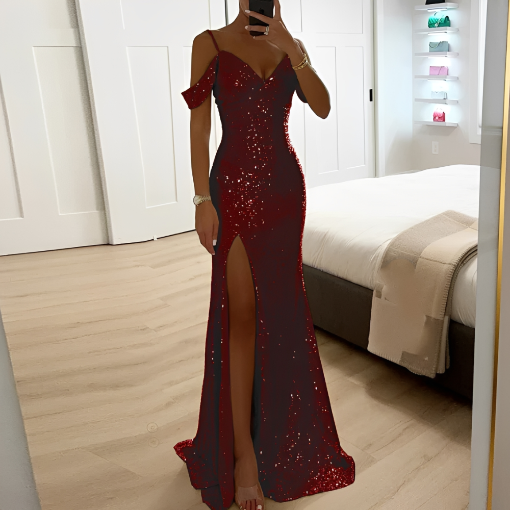 Lorena – Damen Abendkleid mit Pailletten, offenen Schultern und Schlitz
