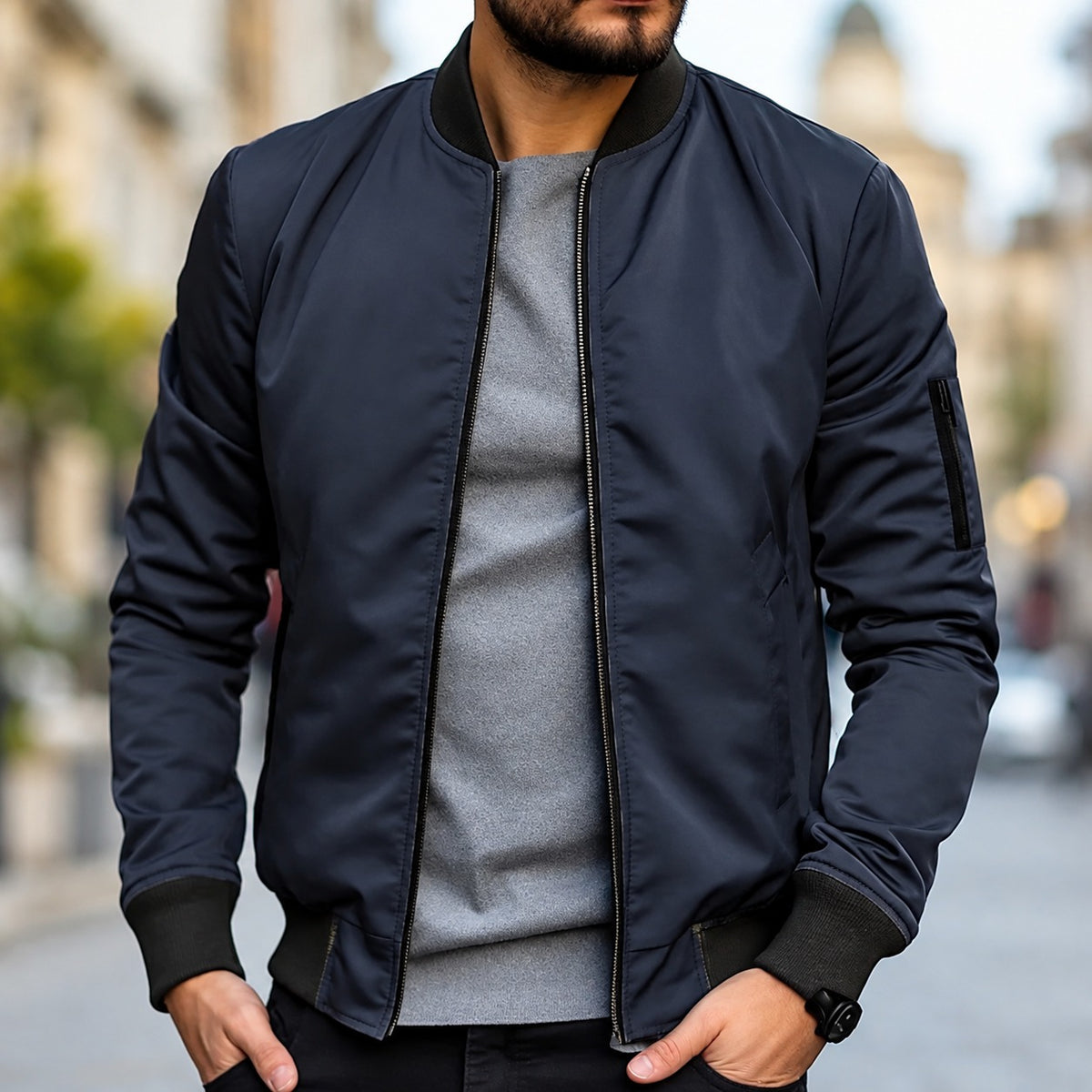 Bomberjacke für Herren - Klassischer Schnitt mit Rippbündchen und Reißverschluss