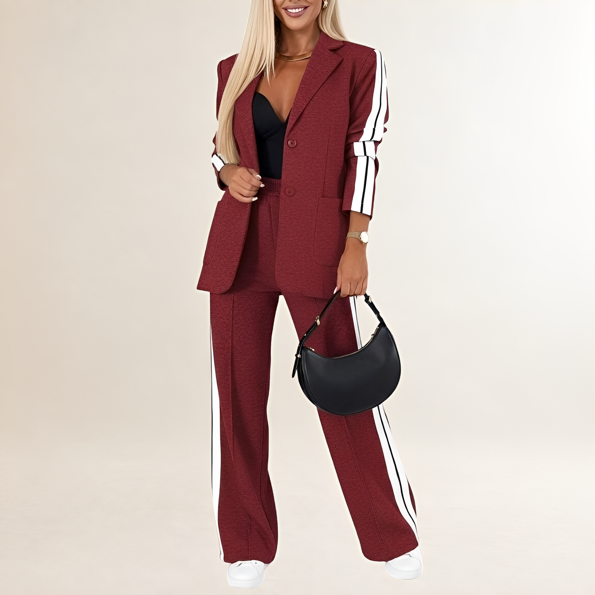 Damen Athleisure Anzug - Blazer mit Reißverschluss, Weite Hose mit Kontraststreifen