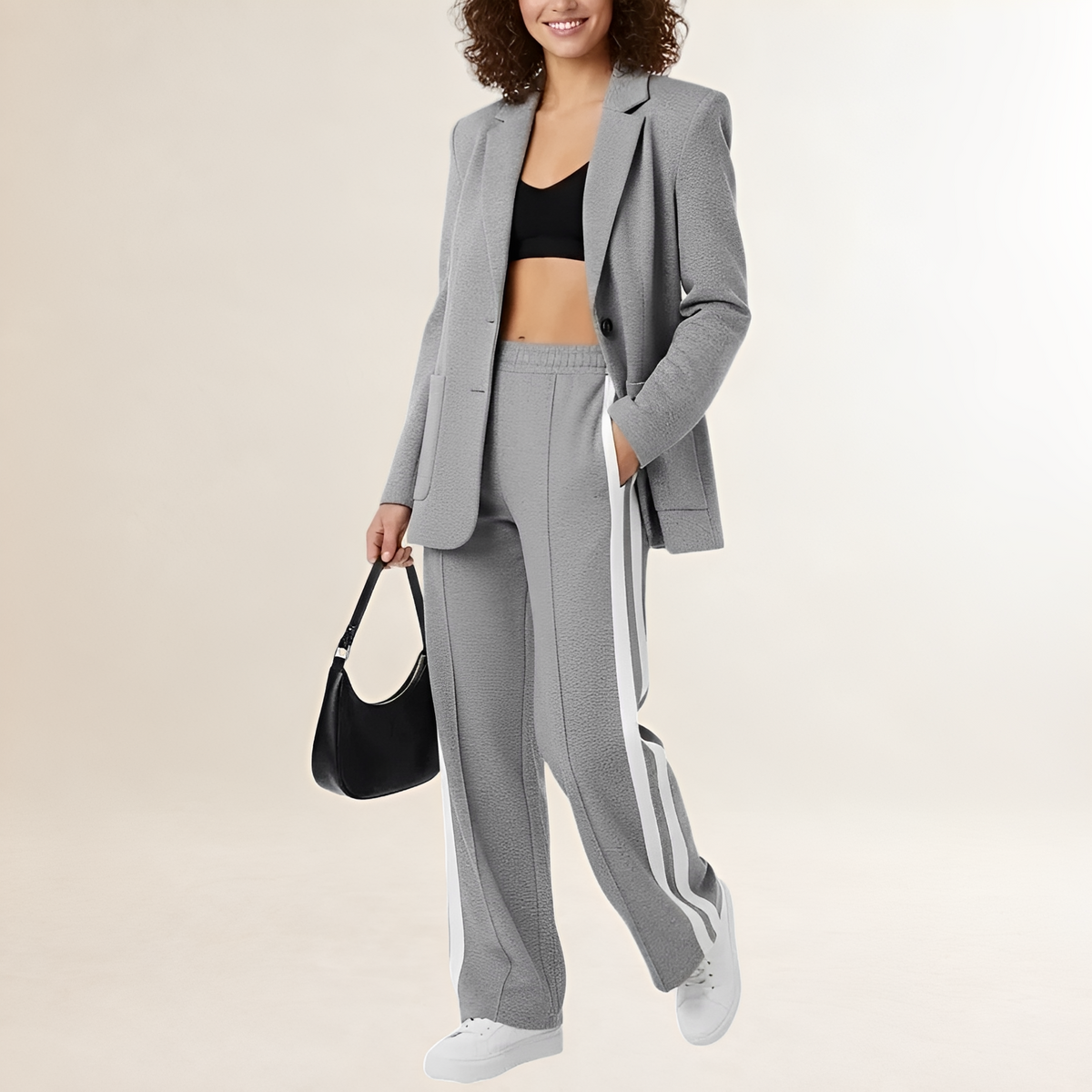 Damen Athleisure Anzug - Blazer mit Reißverschluss, Weite Hose mit Kontraststreifen