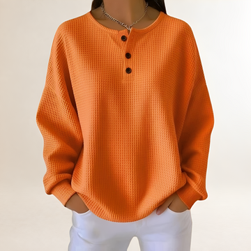 Damen bequemer Pullover mit Henley-Knopfleiste - Relaxte Passform, Waffelstruktur