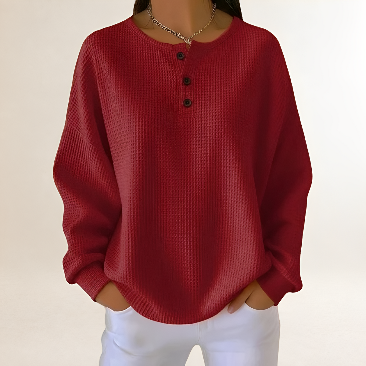 Damen bequemer Pullover mit Henley-Knopfleiste - Relaxte Passform, Waffelstruktur