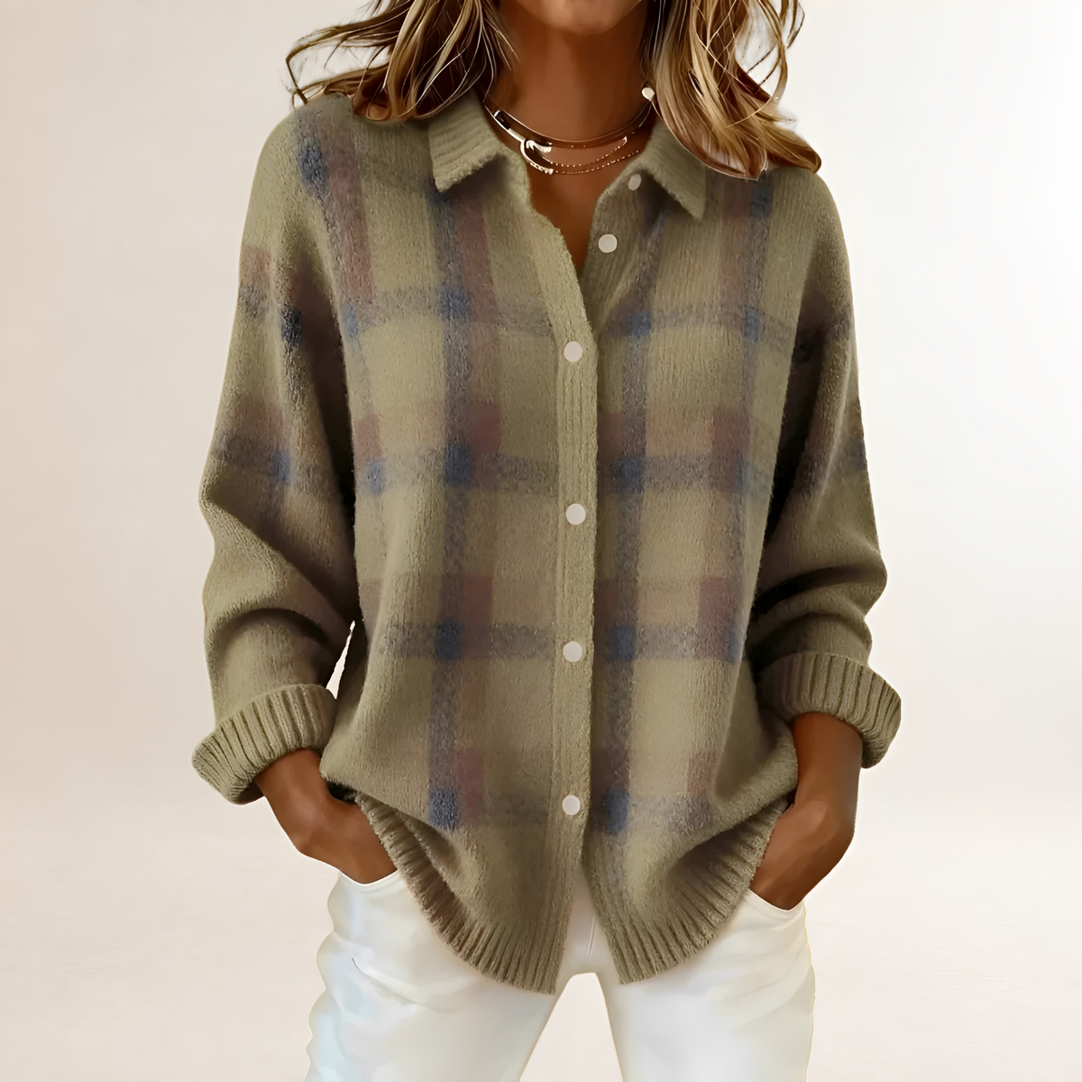 Damen Cardigan mit Knopfleiste, Karo-Muster, lockerer Schnitt, langärmlig