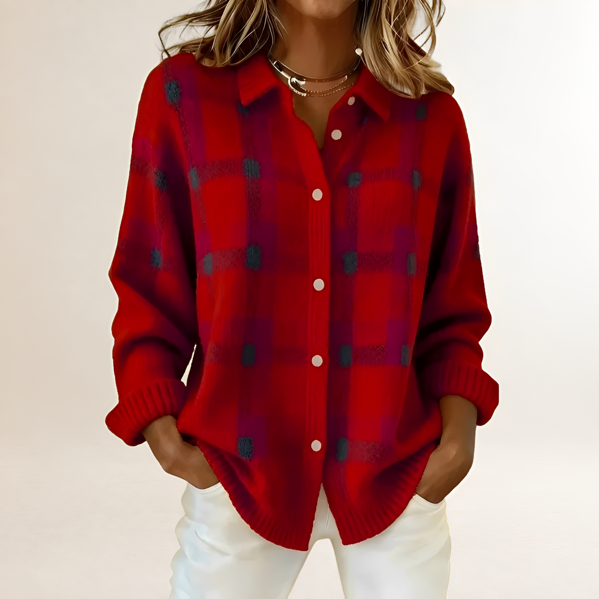 Damen Cardigan mit Knopfleiste, Karo-Muster, lockerer Schnitt, langärmlig