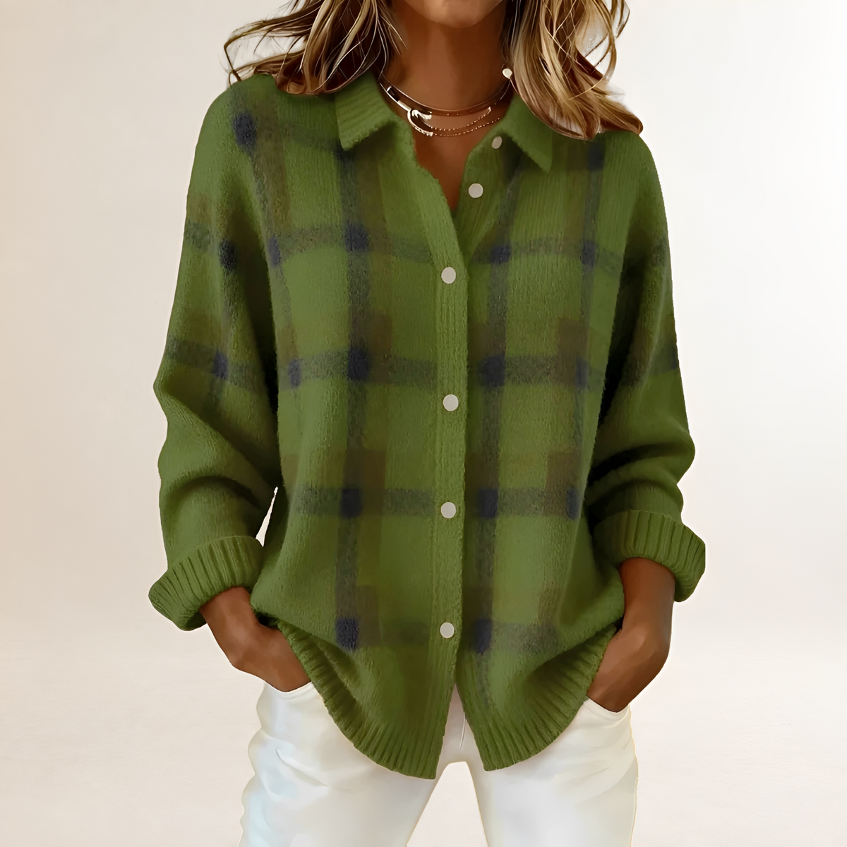Damen Cardigan mit Knopfleiste, Karo-Muster, lockerer Schnitt, langärmlig