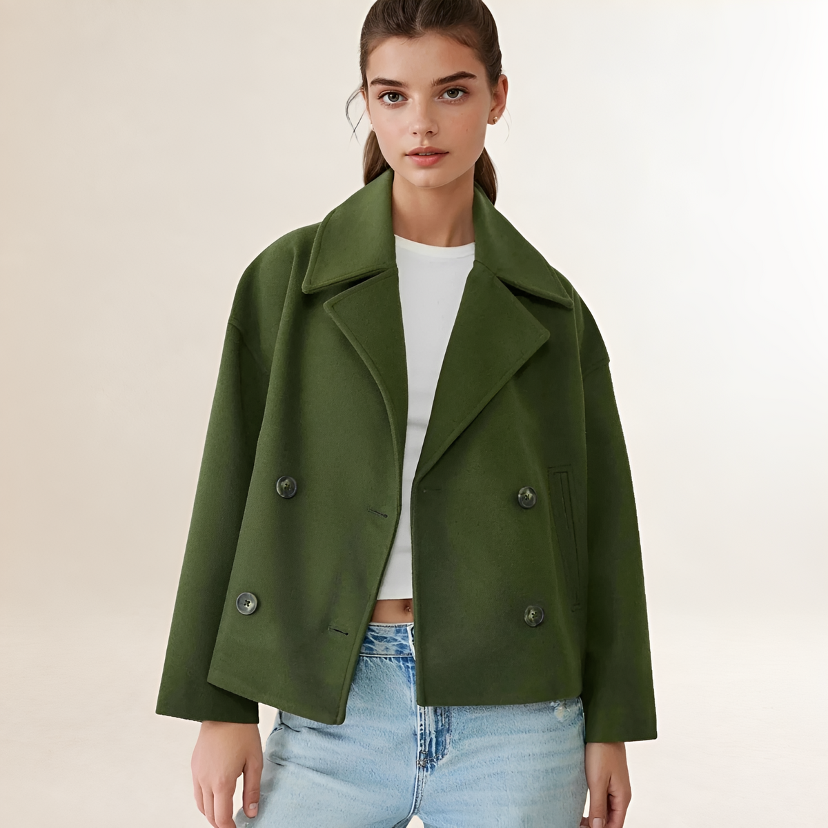 Damen Doppelreihige Jacke - Cropped Design, Reverskragen, Knopfverschluss