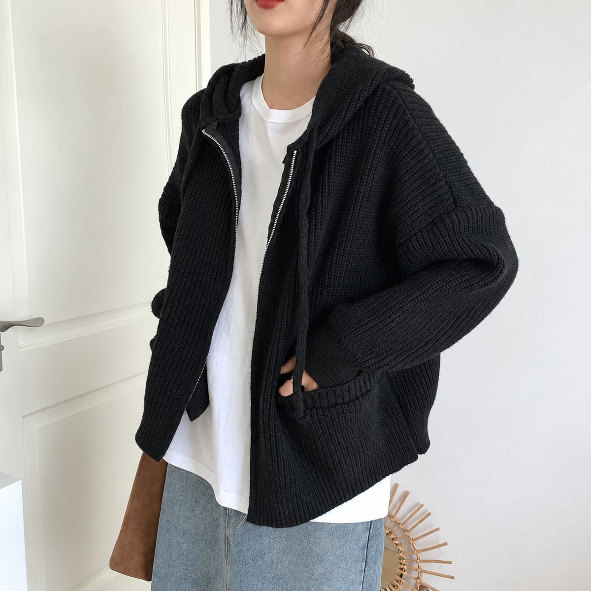 Damen Kapuzen Cardigan - Reißverschluss mit Taschen und oversized Schnitt