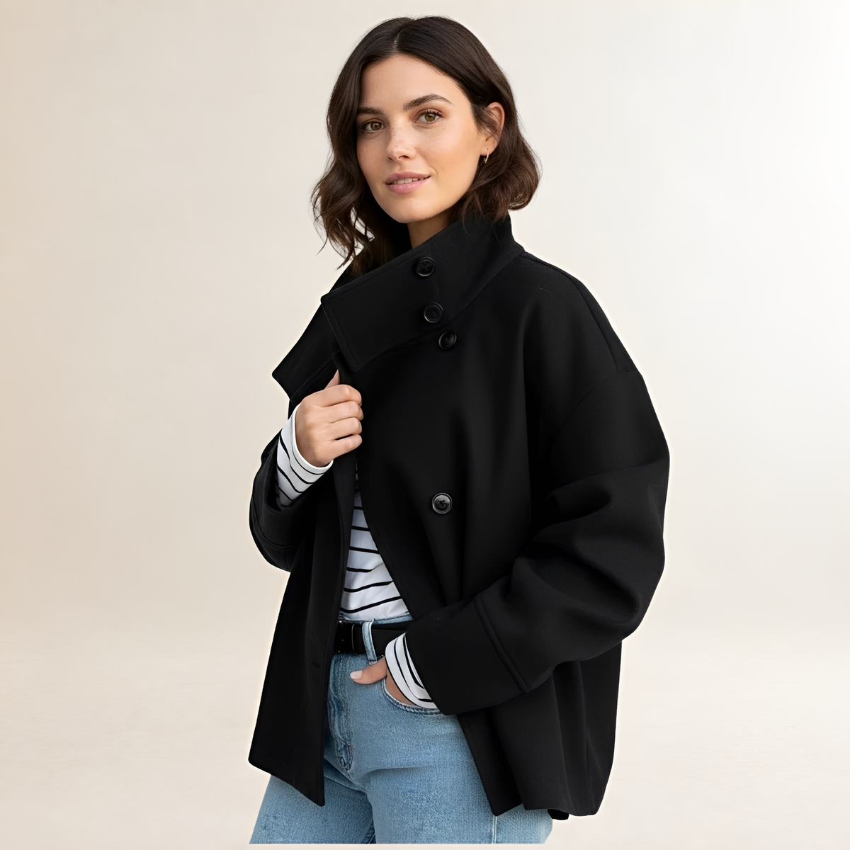 Damen Kurze Jacke - Hoher Kragen, Doppelknopfverschluss, Relaxed Fit