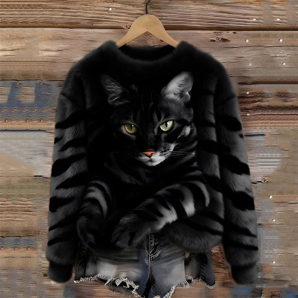 Damen Pullover mit Katzenmotiv und Relaxpassform - Rundhalsausschnitt
