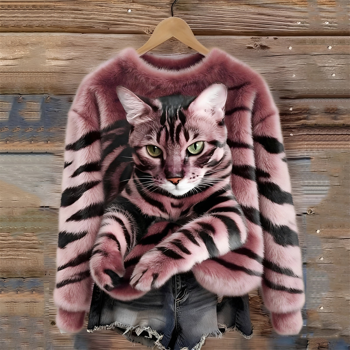 Damen Pullover mit Katzenmotiv und Relaxpassform - Rundhalsausschnitt