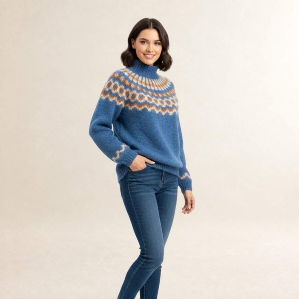 Damen Pullover - Nordischer Muster, Hoher Kragen, Relaxter Schnitt