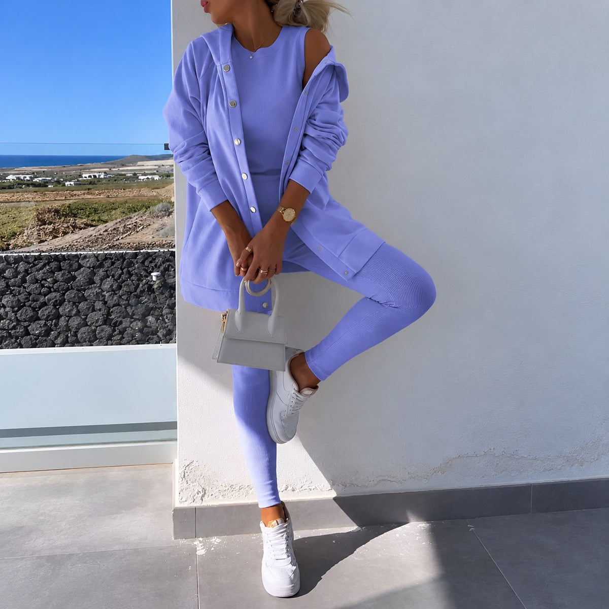 Damen Set aus Langarm-Cardigan mit Knopfleiste und enganliegenden Leggings