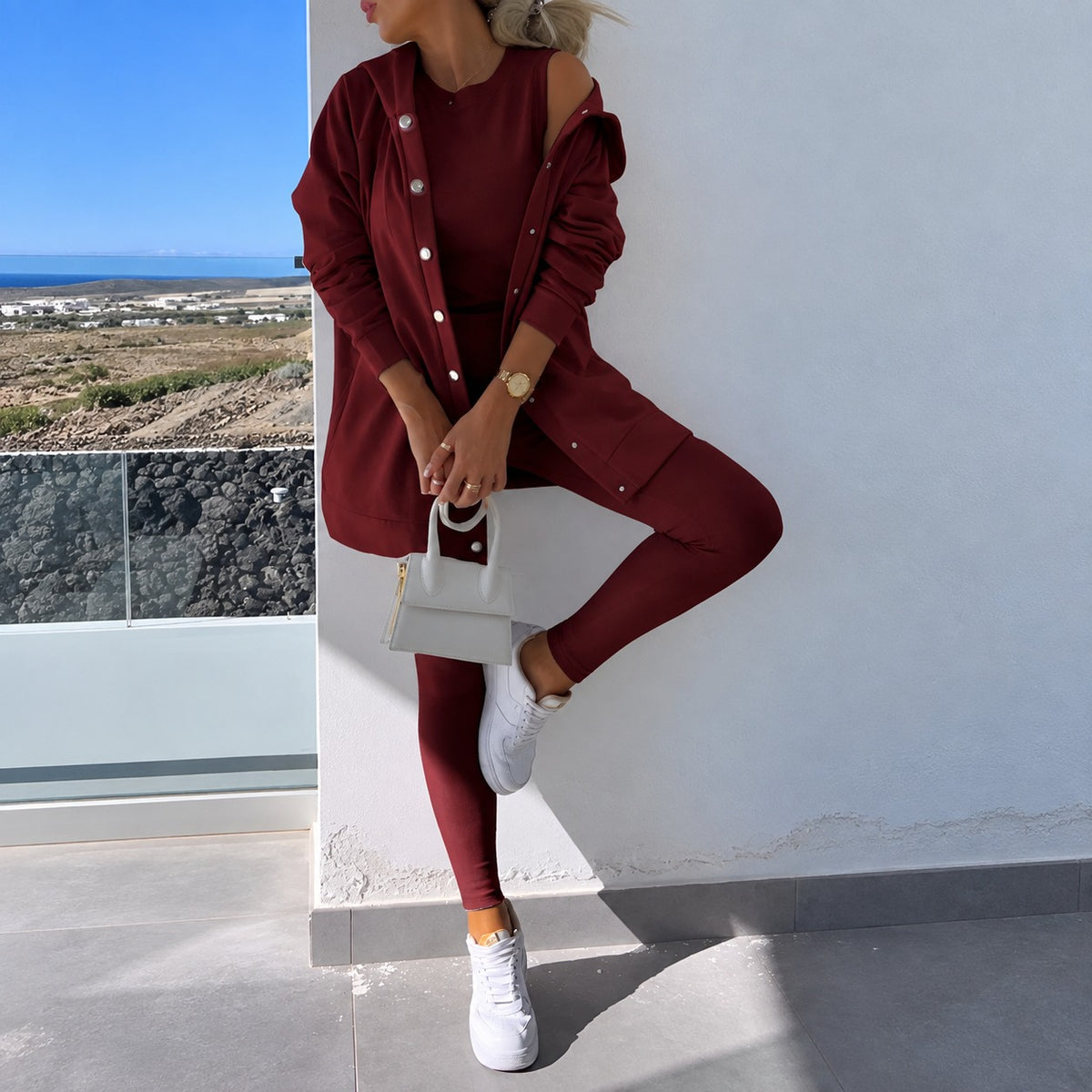 Damen Set aus Langarm-Cardigan mit Knopfleiste und enganliegenden Leggings