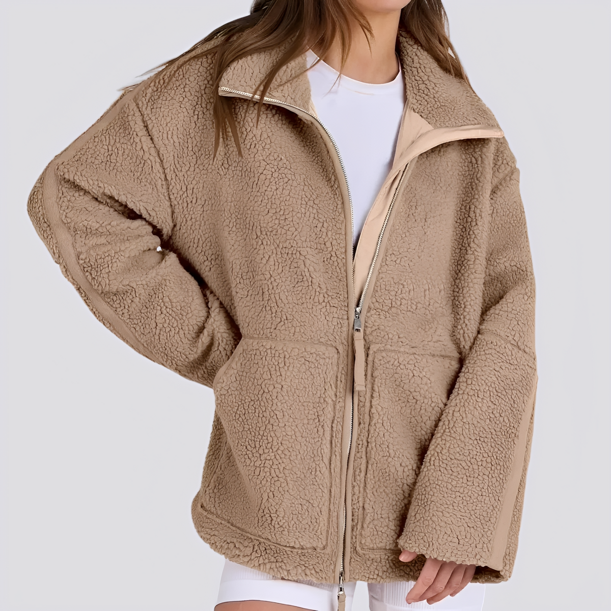 Damen Teddy Jacke - Oversized Fit mit Reißverschluss und Taschen