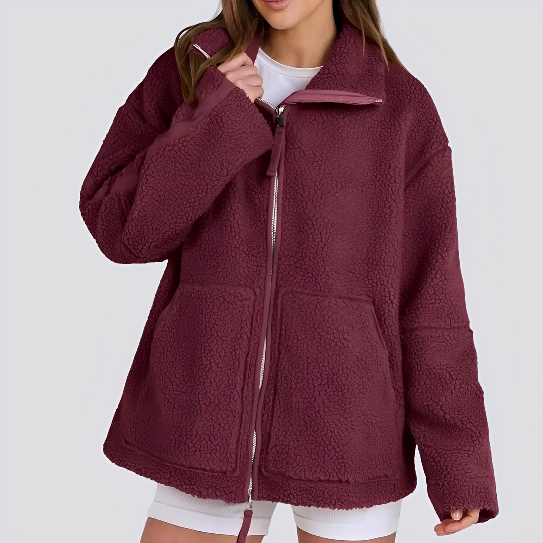 Damen Teddy Jacke - Oversized Fit mit Reißverschluss und Taschen