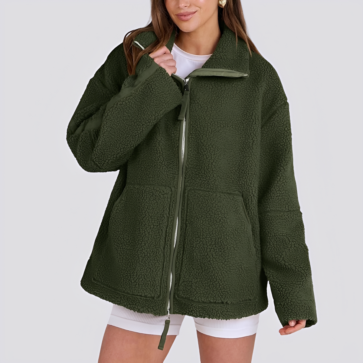 Damen Teddy Jacke - Oversized Fit mit Reißverschluss und Taschen