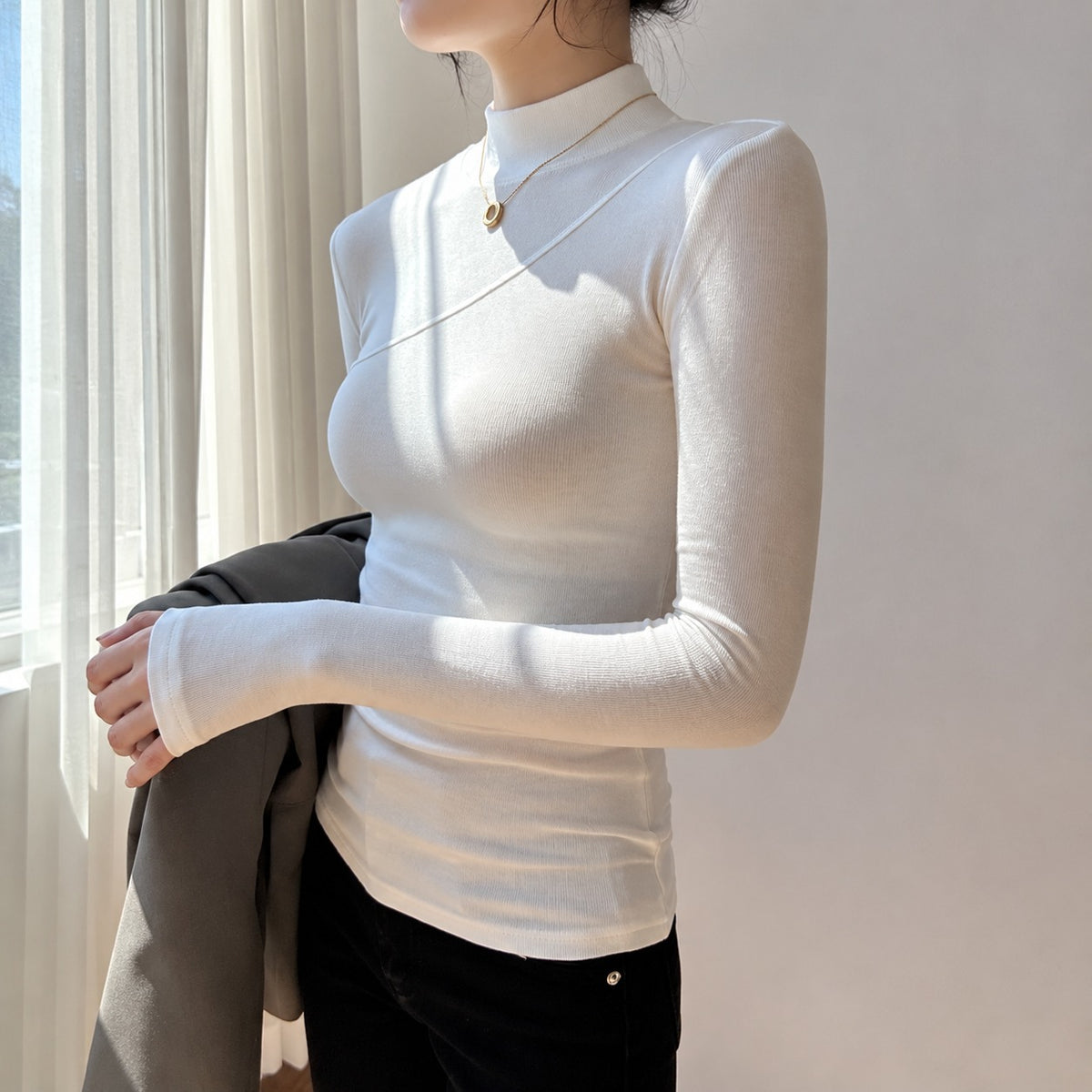 Damentop Langarm Mock Neck Asymmetrisches Design Schlanker Schnitt