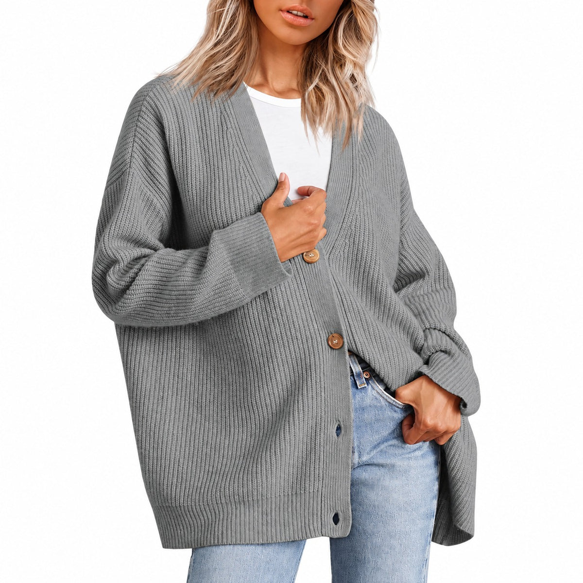 Damentunika mit V-Ausschnitt und Knopfleiste im Oversized Schnitt