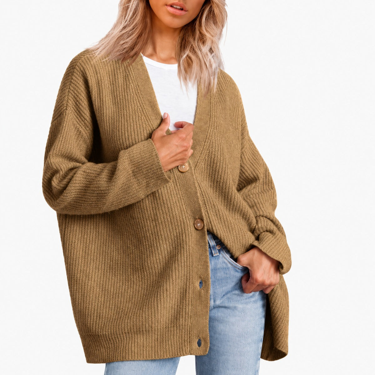 Damentunika mit V-Ausschnitt und Knopfleiste im Oversized Schnitt