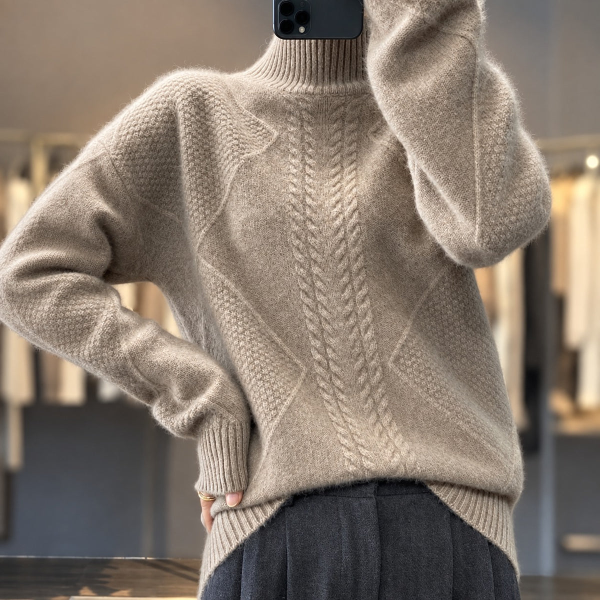 Damenturtleneck-Pullover Texturiertem Design lockerer Schnitt