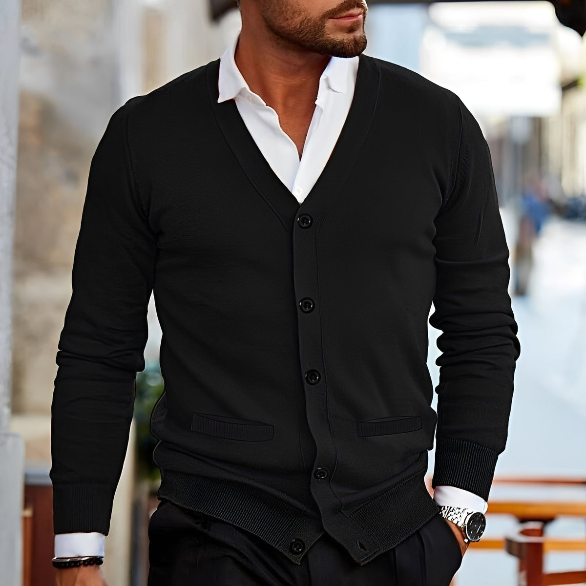 Herren Cardigan V-Ausschnitt Knopfleiste Langarm Freizeitpassform